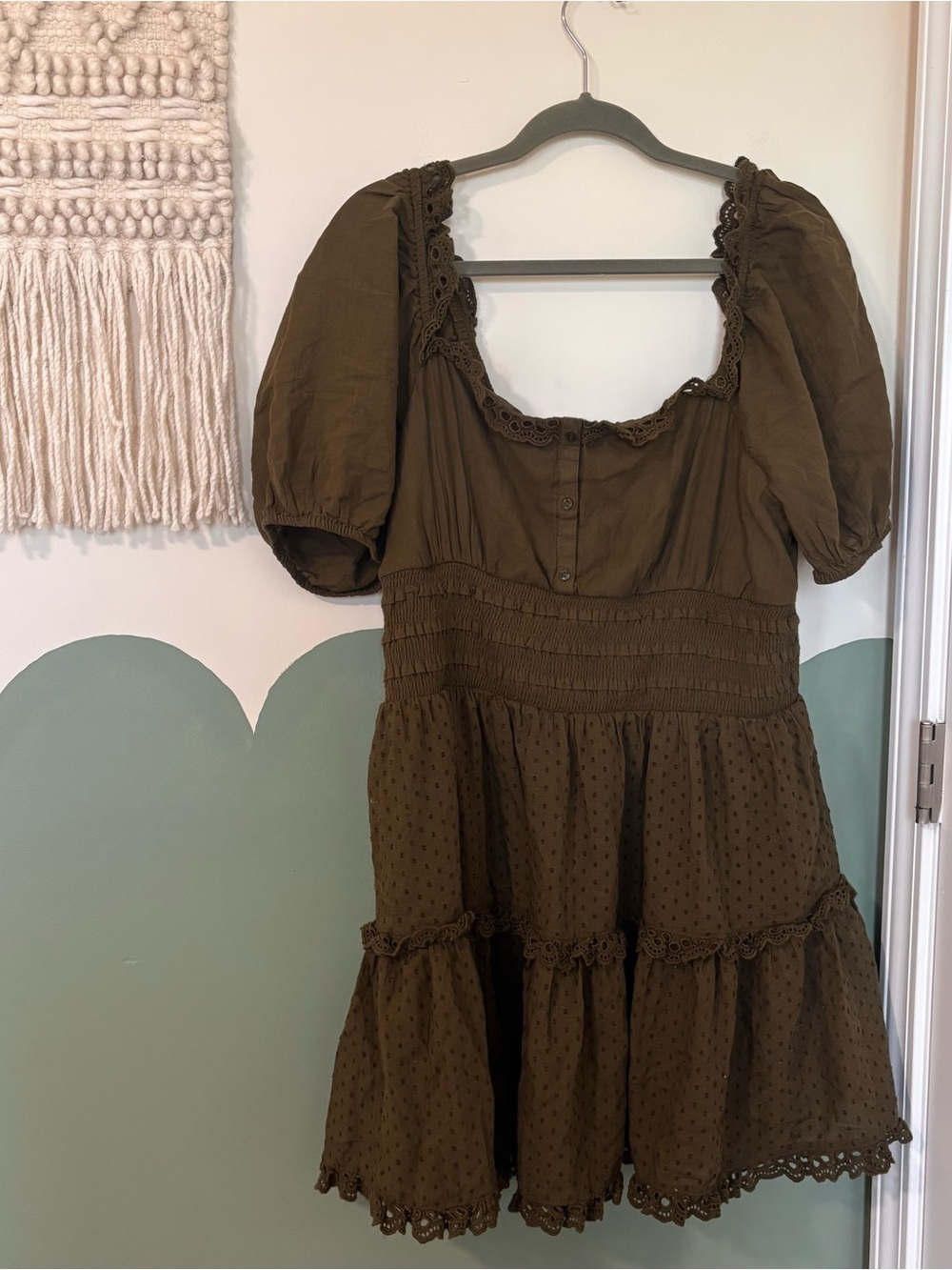 American Eagle Outfitters Olive Puff-Sleeve Tiered Mini Dress